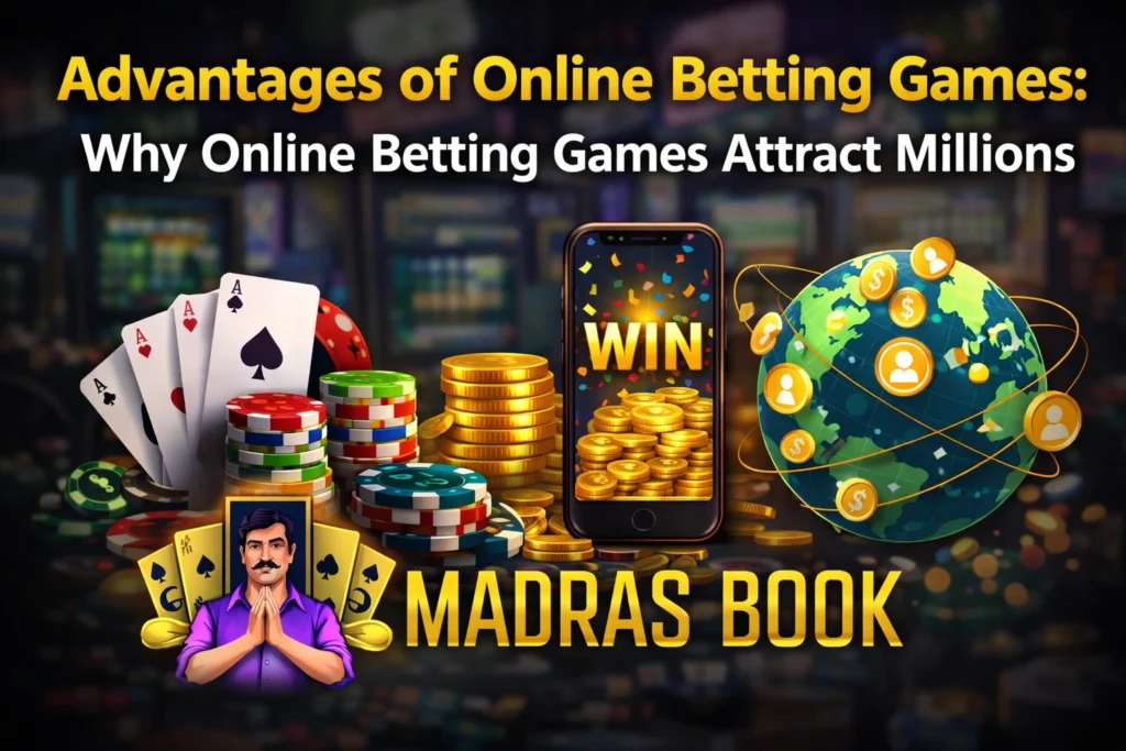 Advantages of online betting games showing casino chips, cards, coins and Madras Book logo with concept of attraction and rewards