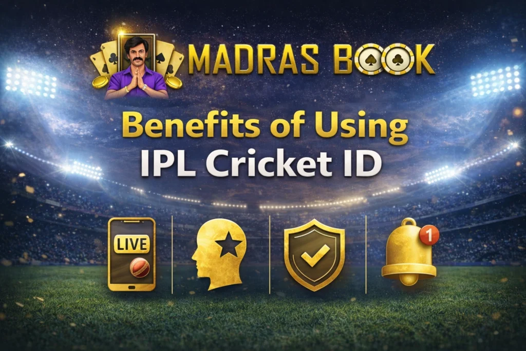 Benefits of using IPL Cricket ID with Madras Book logo and cricket stadium background