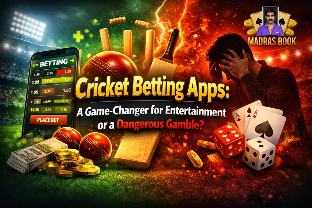 Cricket betting apps concept showing mobile betting, cricket stadium, money, and gambling risks with Madras Book logo