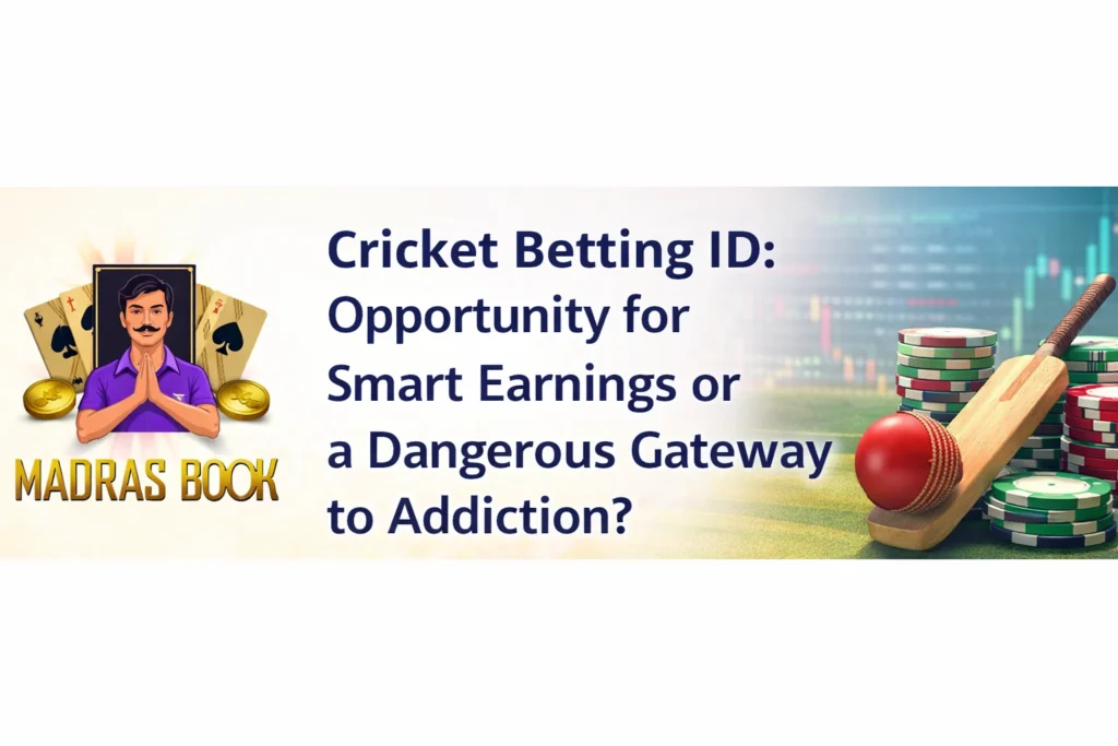 Cricket Betting ID concept banner with Madras Book logo showing opportunity for earnings vs addiction risk