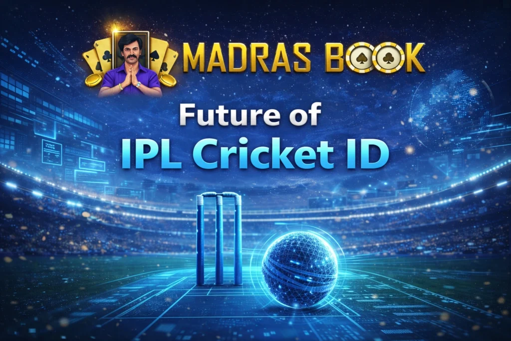 Future of IPL Cricket ID with Madras Book logo and advanced cricket technology concept