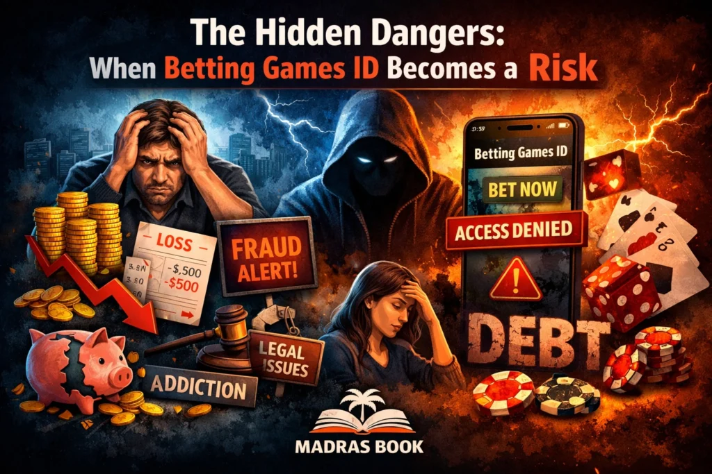 Hidden dangers of Betting Games ID showing financial loss, gambling addiction, and emotional stress with Madras Book logo