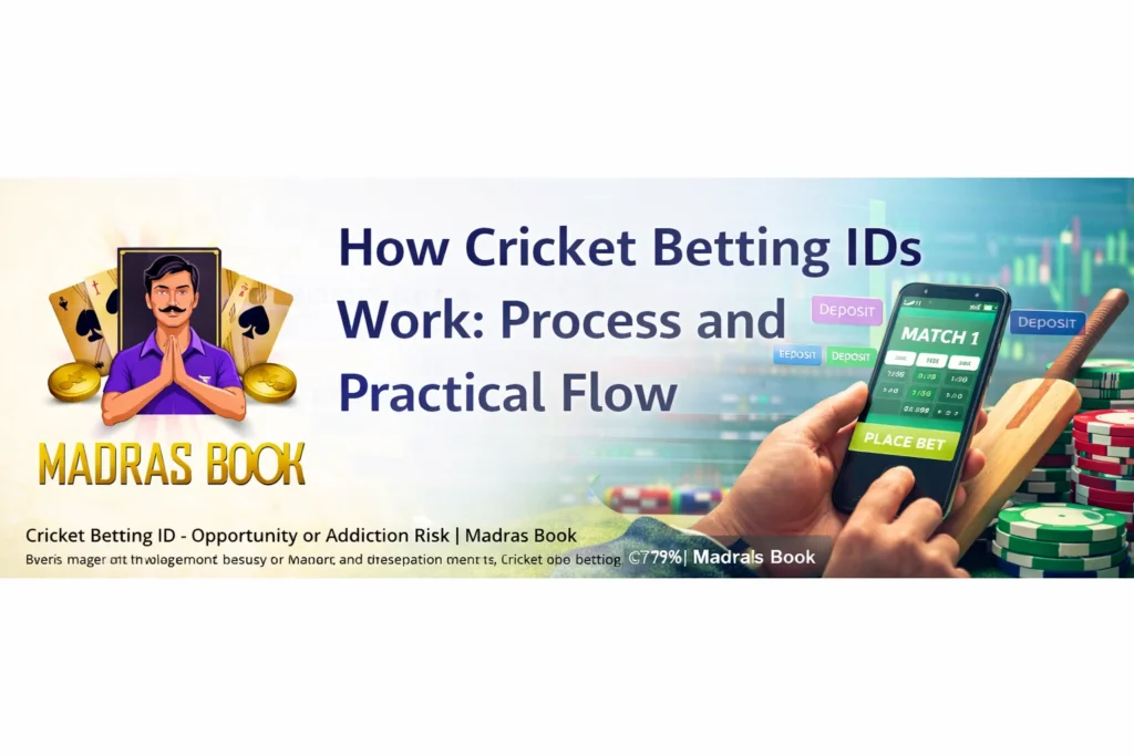 How cricket betting ID works process flow with Madras Book logo showing deposit bet result withdrawal steps