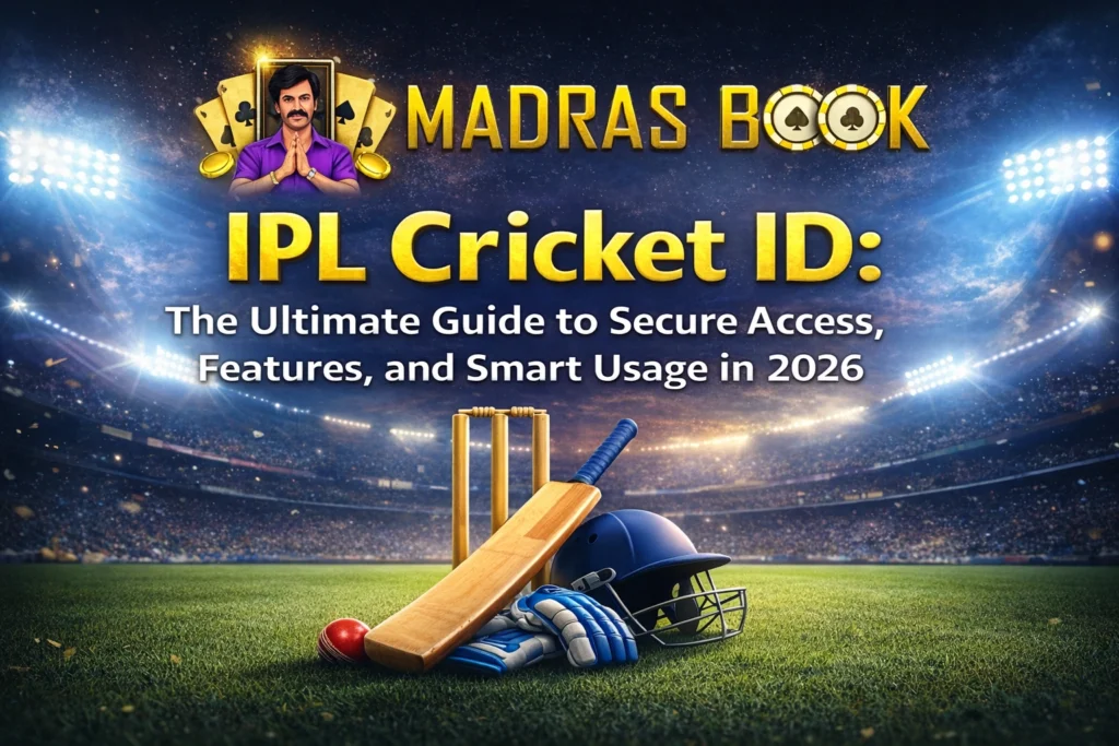 IPL Cricket ID guide 2026 with Madras Book logo and cricket stadium background