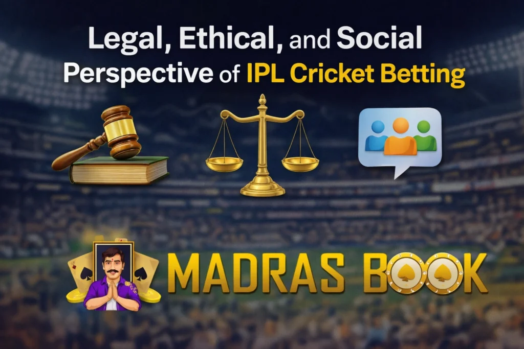 Legal ethical and social perspective of IPL cricket betting with justice scale and Madras Book logo