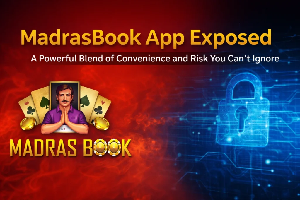 MadrasBook App exposed banner showing convenience and risks with official logo