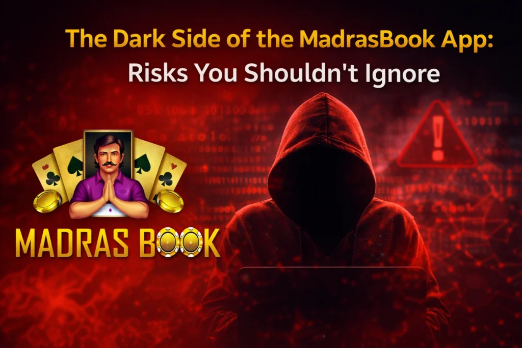 MadrasBook App dark side banner showing risks warning with official logo