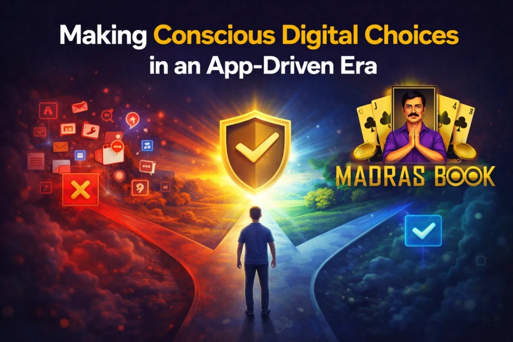 Making conscious digital choices in an app driven era illustration with Madras Book logo showing smart technology usage