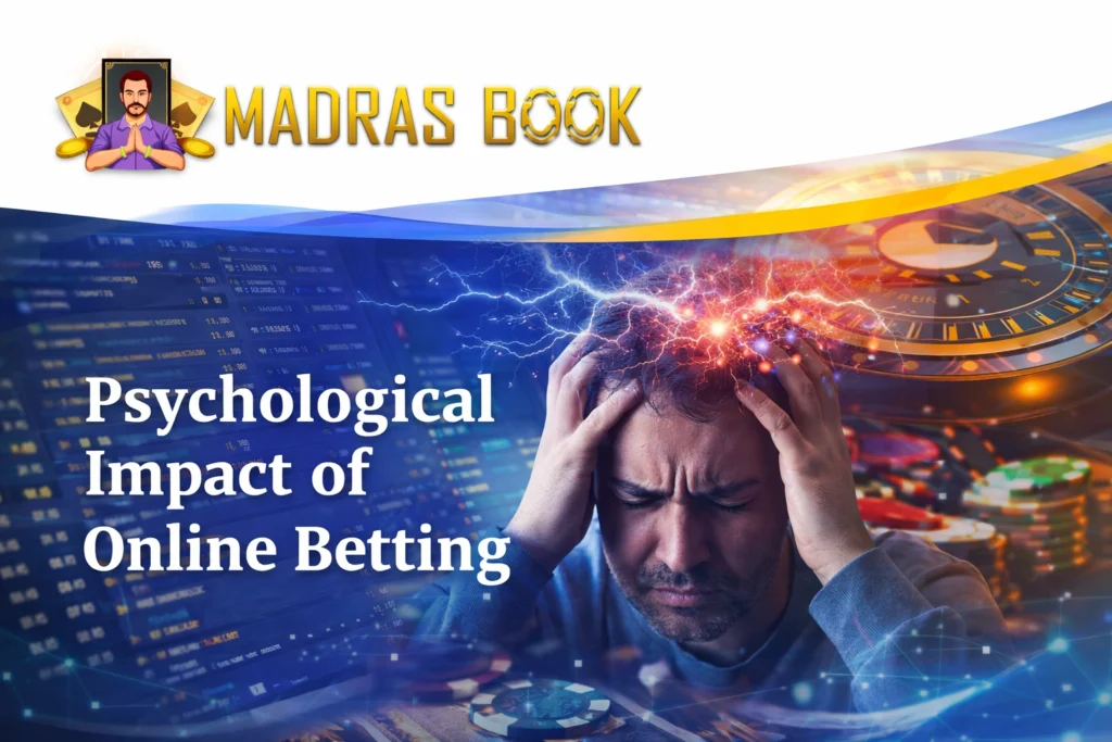 Psychological impact of online betting showing stress, anxiety, and mental pressure with Madras Book branding