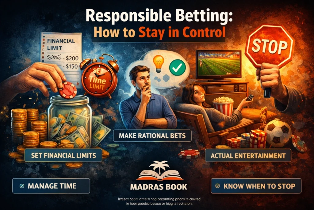 Responsible betting tips showing financial limits, time management, and control strategies with Madras Book logo