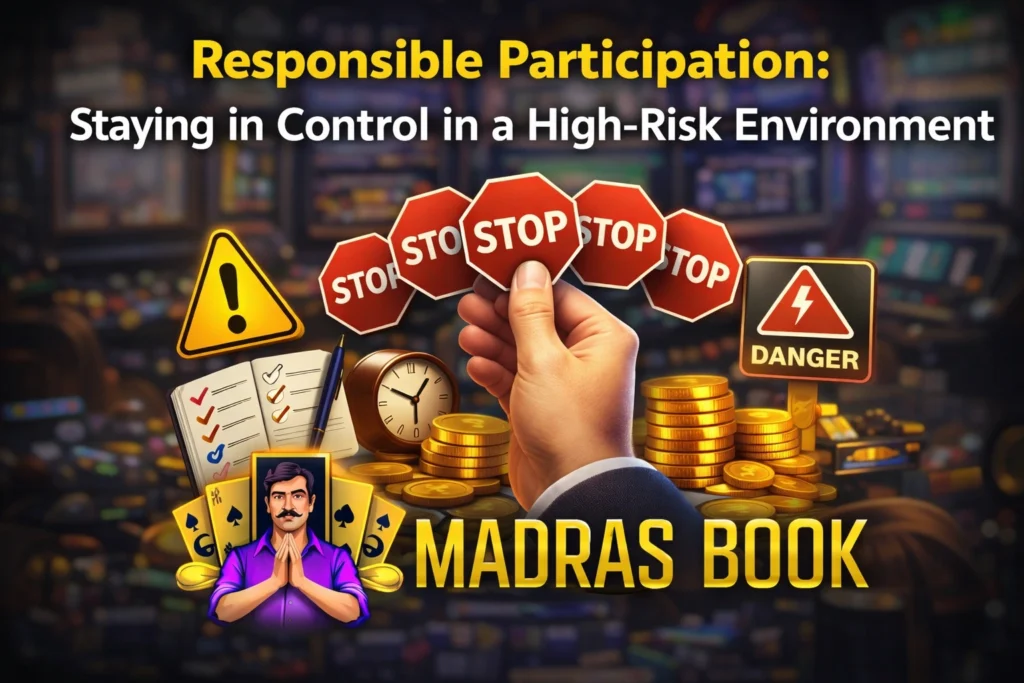 Responsible participation in online betting showing stop signs, warning symbols, coins and Madras Book logo with risk control concept