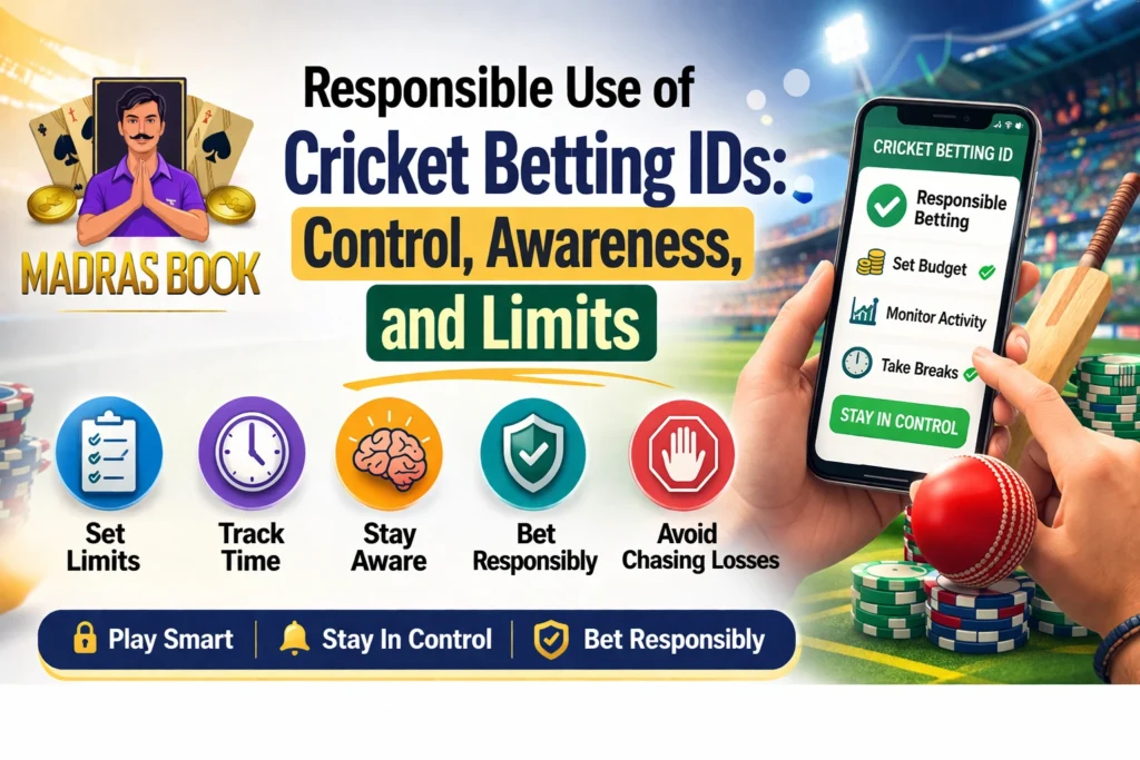 Responsible use of cricket betting ID showing control awareness limits with Madras Book logo and safe betting concept