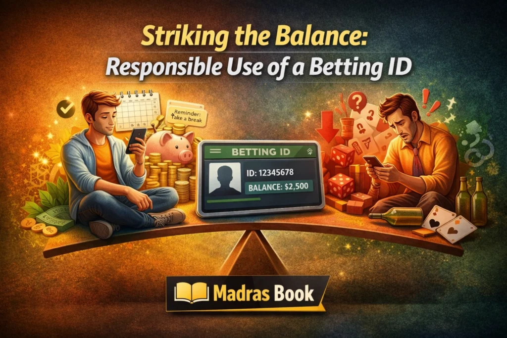 Responsible betting concept showing balanced use of a Betting ID with control, budgeting, and risk management alongside Madras Book logo