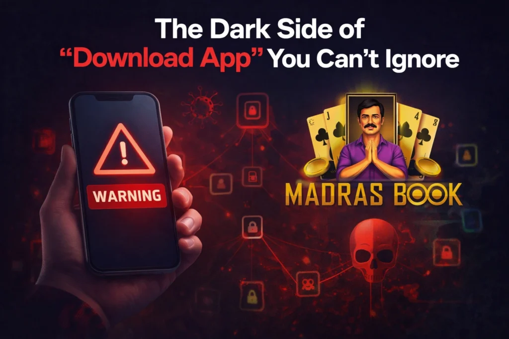 Download App dark side risks illustration showing privacy issues, addiction, and digital dangers with Madras Book logo