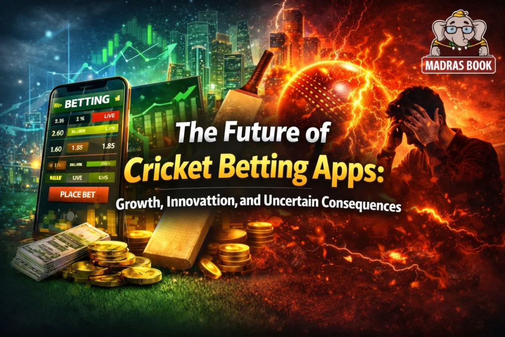Future of cricket betting apps showing advanced mobile betting technology, AI insights, cricket elements, and digital innovation with Madras Book logo