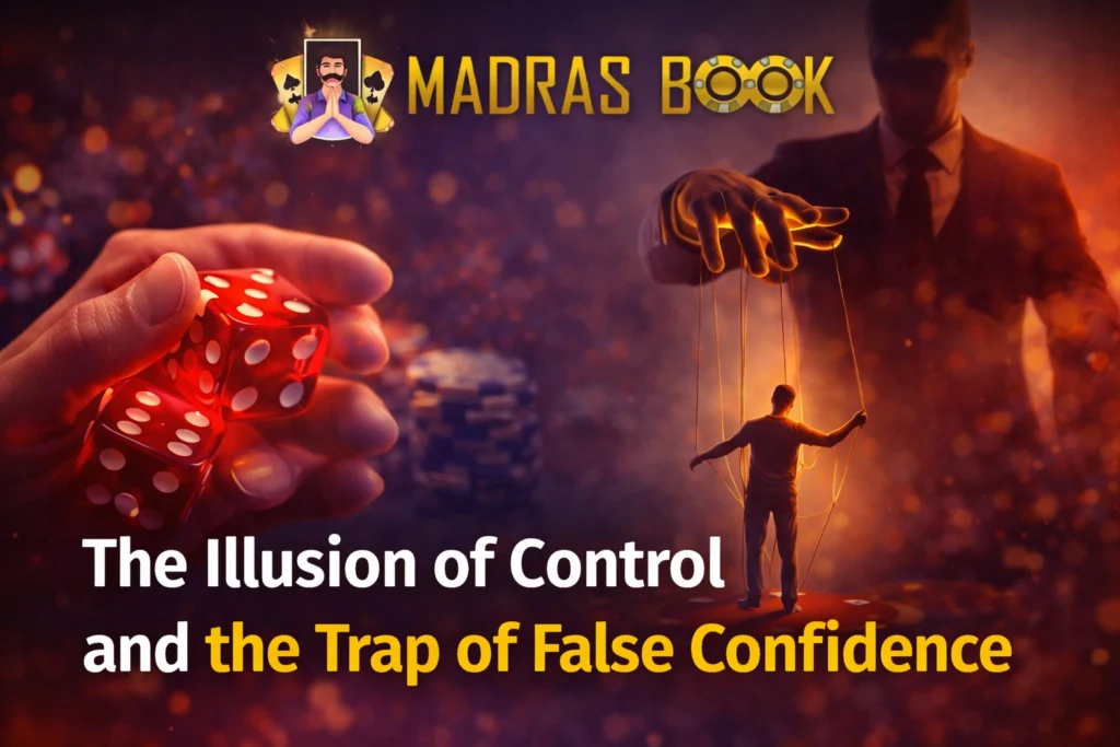 Illusion of control and false confidence in betting games with Madras Book logo casino concept