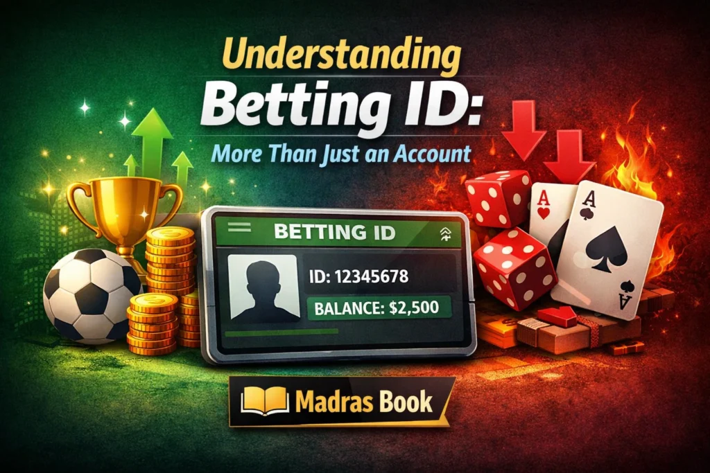 Understanding Betting ID illustration showing account balance, betting dashboard, and risk vs reward concept with Madras Book logo