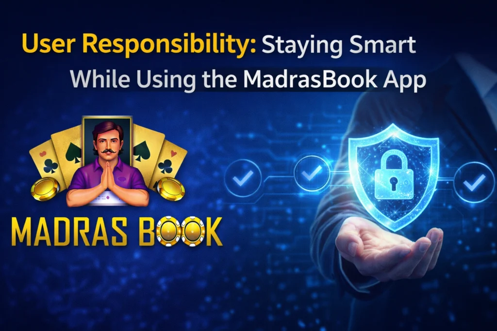 MadrasBook App user responsibility banner showing safe usage and security with official logo