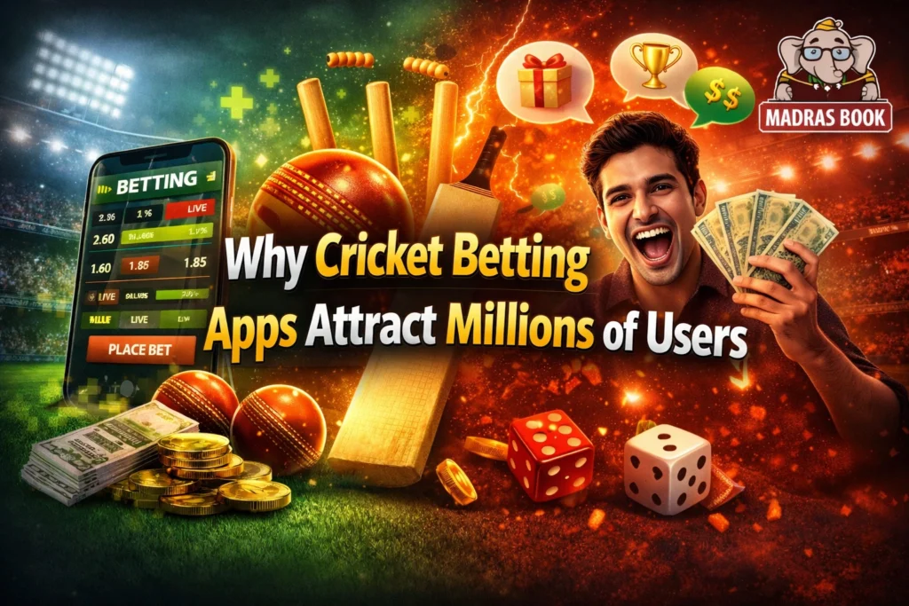 Why cricket betting apps attract millions of users showing mobile betting app, cricket stadium, money, and user engagement with Madras Book logo
